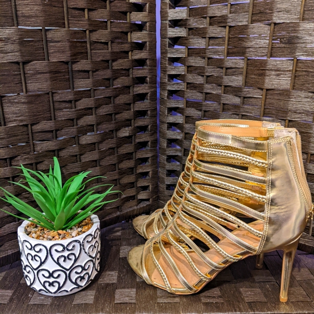 Gold cage high heel sandals